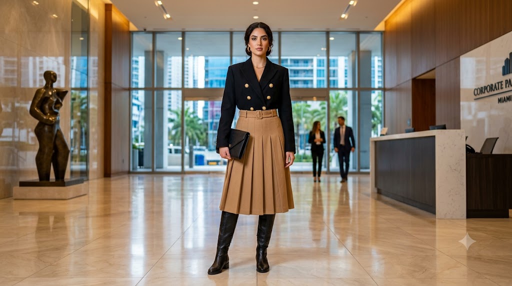 Black Double-Breasted Oversized Blazer & Camel Pleated Skirt